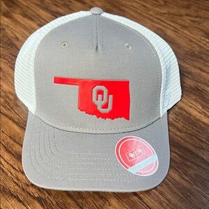 Oklahoma Sooners Gray & White Mesh Trucker Hat with Red OU Logo
